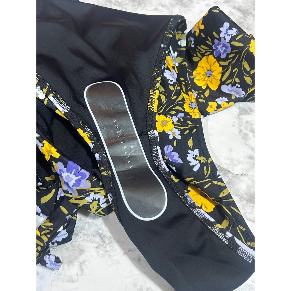 Tori Praver Paige Cut Out Rashguard M Swimwear Blk Yellow Floral Surfer Feminine - Picture 7 of 7